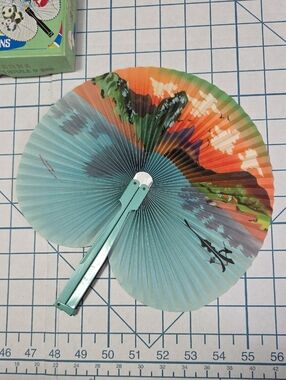 Chinese Paper Folding Hand Fan W/Metal Handle, Vintage Mid-Century, 43